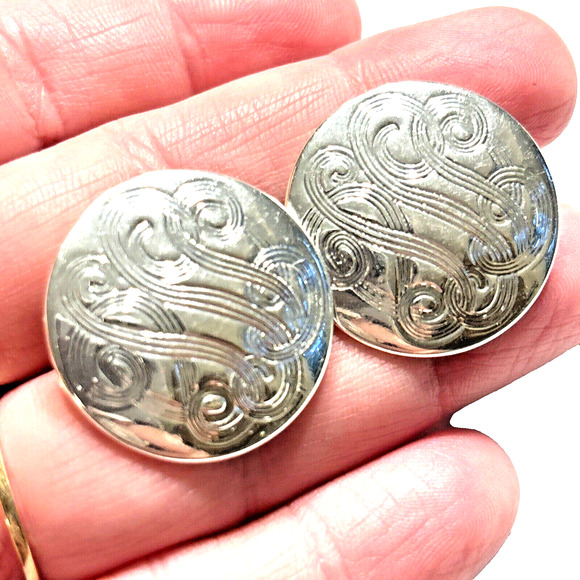 Vintage Napier Pierced Earrings Silver Discs Ornate Engraved Swirls Rounds 80's - Picture 2 of 6
